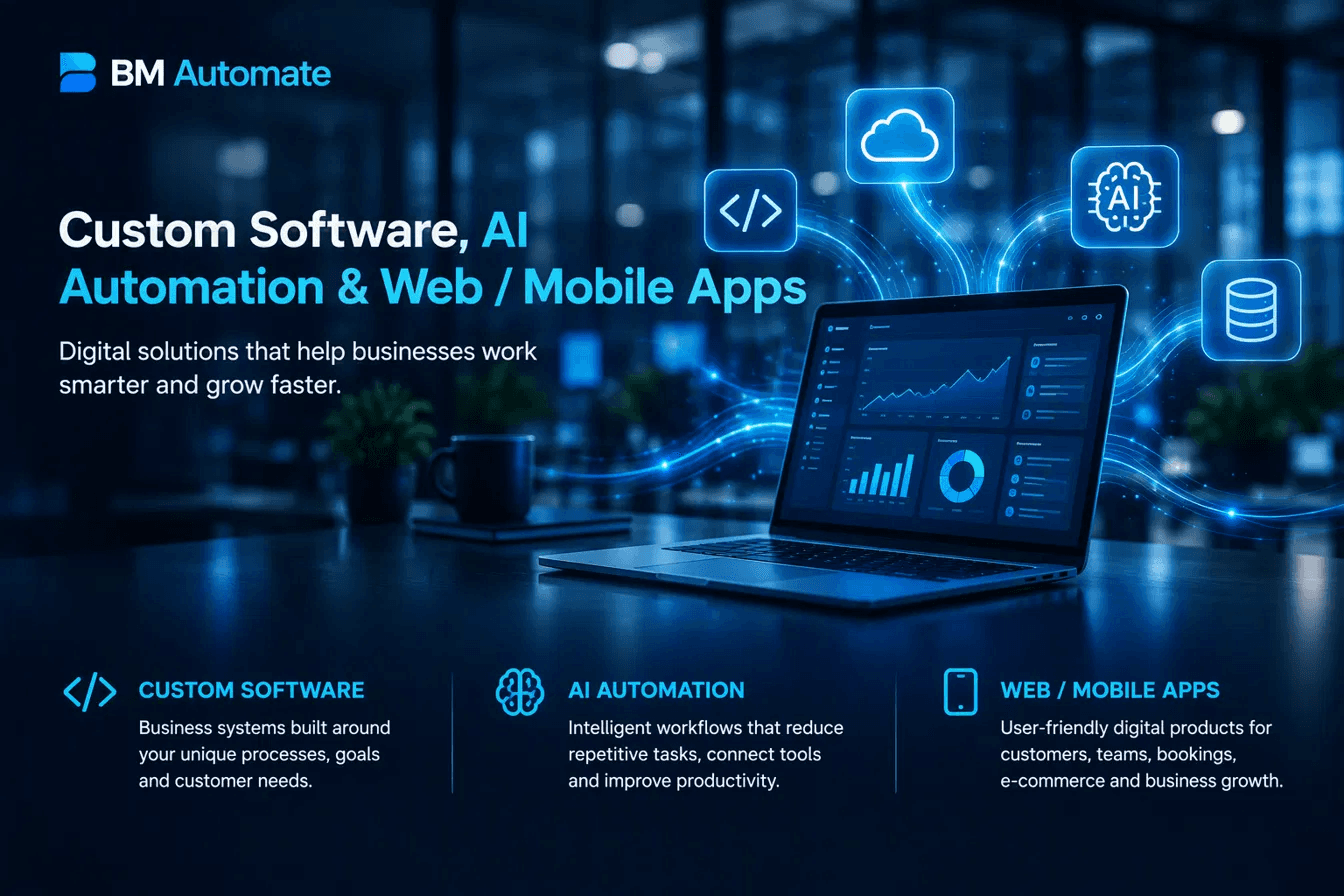 BM Automate homepage banner showing a laptop dashboard with AI automation, cloud, and custom software icons, representing web app, mobile app, and AI automation services